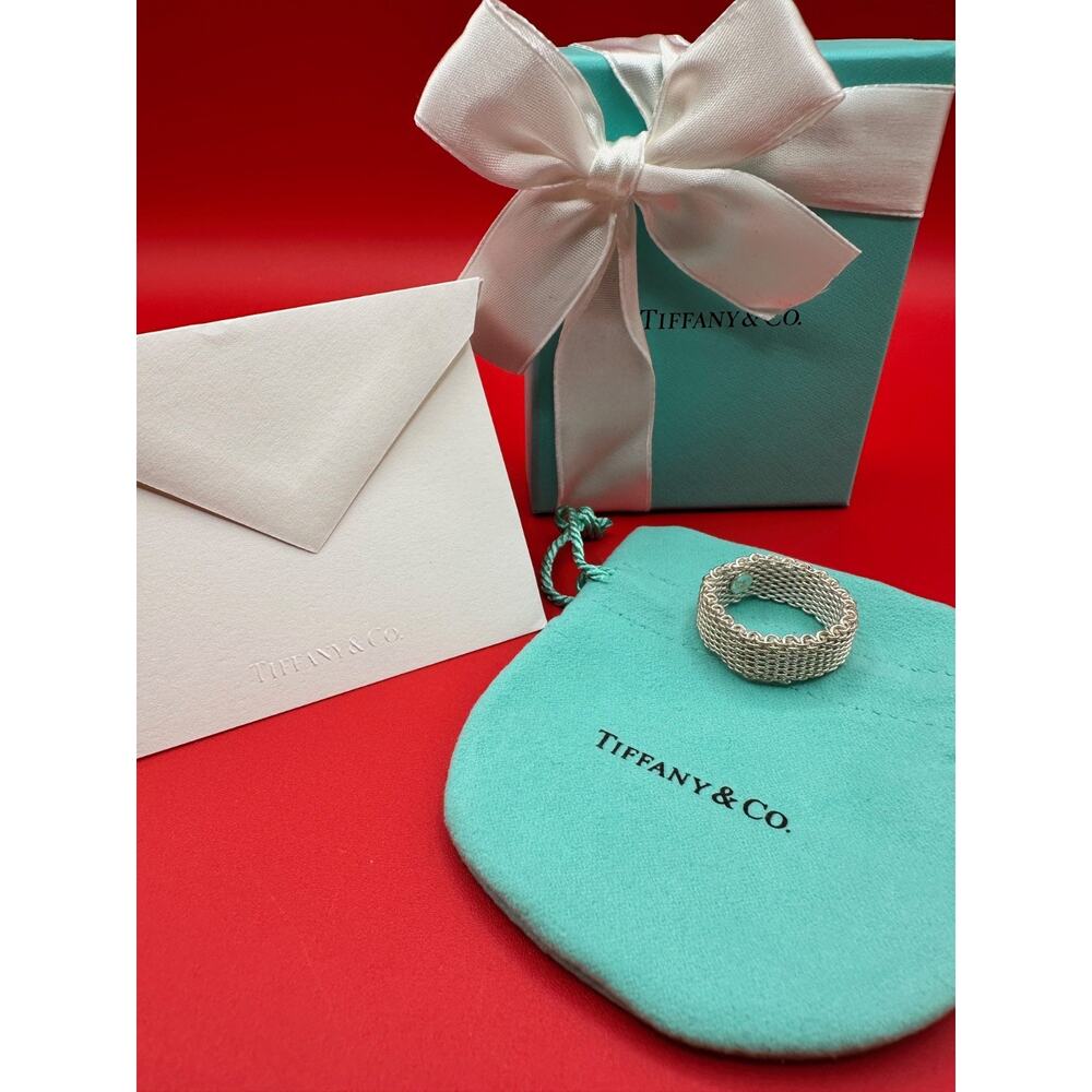 Tiffany & Co Somerset Sterling Silver Mesh Weave Ring Box, Bow And Card Sz 8 3/4 - Picture 7 of 8